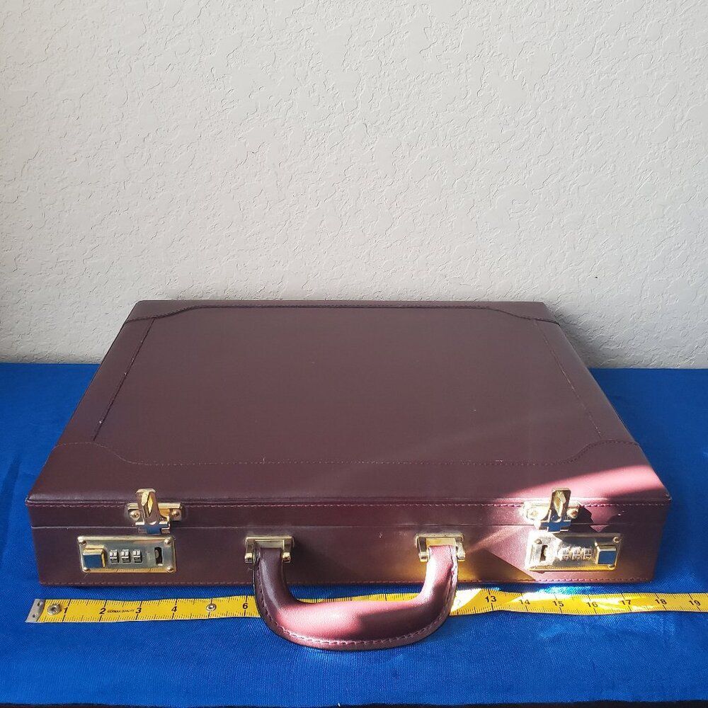 VTG Burgundy Leather Briefcase Hard Attache Case Brass Dual Combination Lock